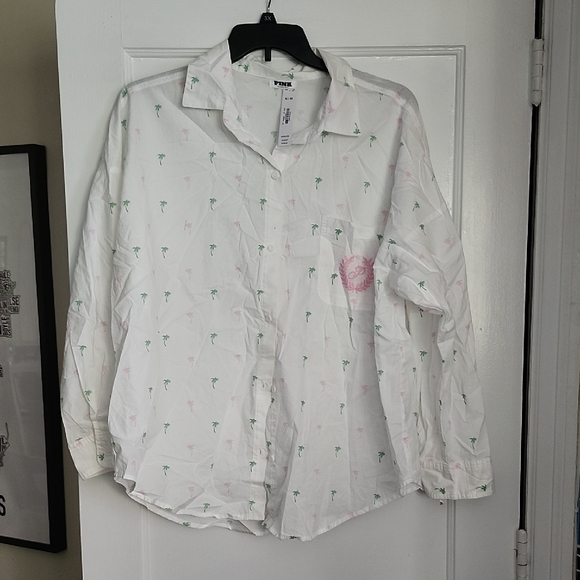 PINK Victoria's Secret Tops - PINK Victoria's Secret NWT Button Down White Shirt with Green & Pink Palm Print